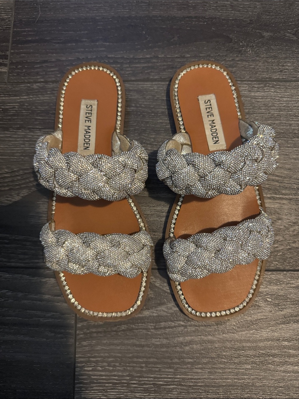 Steve Madden Silver Braided Crystal Slide Sandals - Women's